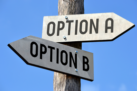 Street sign with option A and option B pointing in different directions.